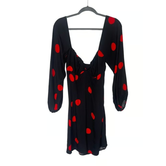 NWT Reformation 12 Roshay Polka Dot Off the Shoulder Dress Long Sleeve Black Red - Picture 3 of 5